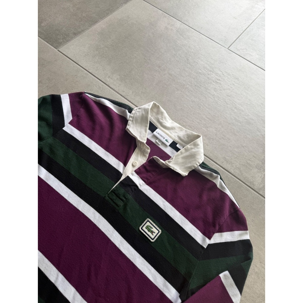 Lacoste Mens Striped Long Sleeve Rugby Shirt Purple Green Black White Size L - Picture 3 of 8